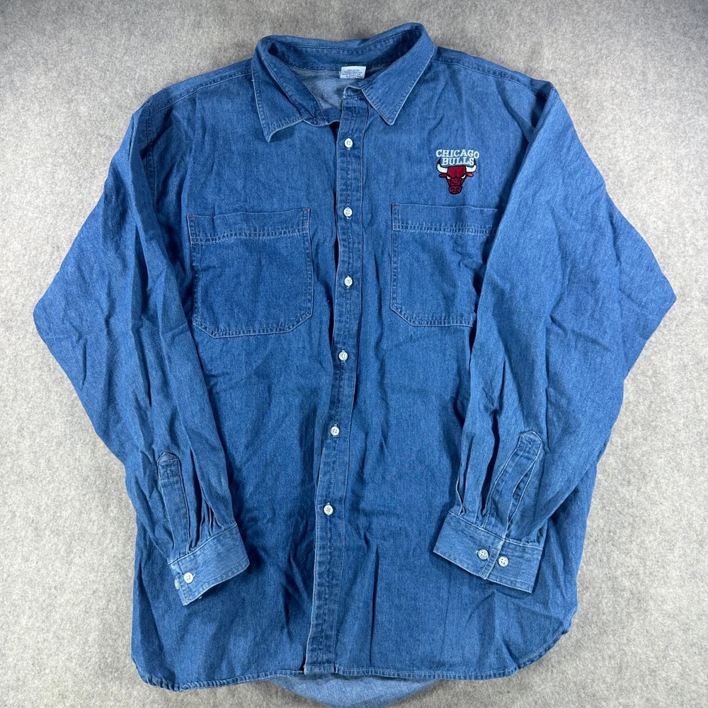 Vintage 90s True Fan Chicago Bulls Mens Embroidered Denim Shirt NBA Size XL